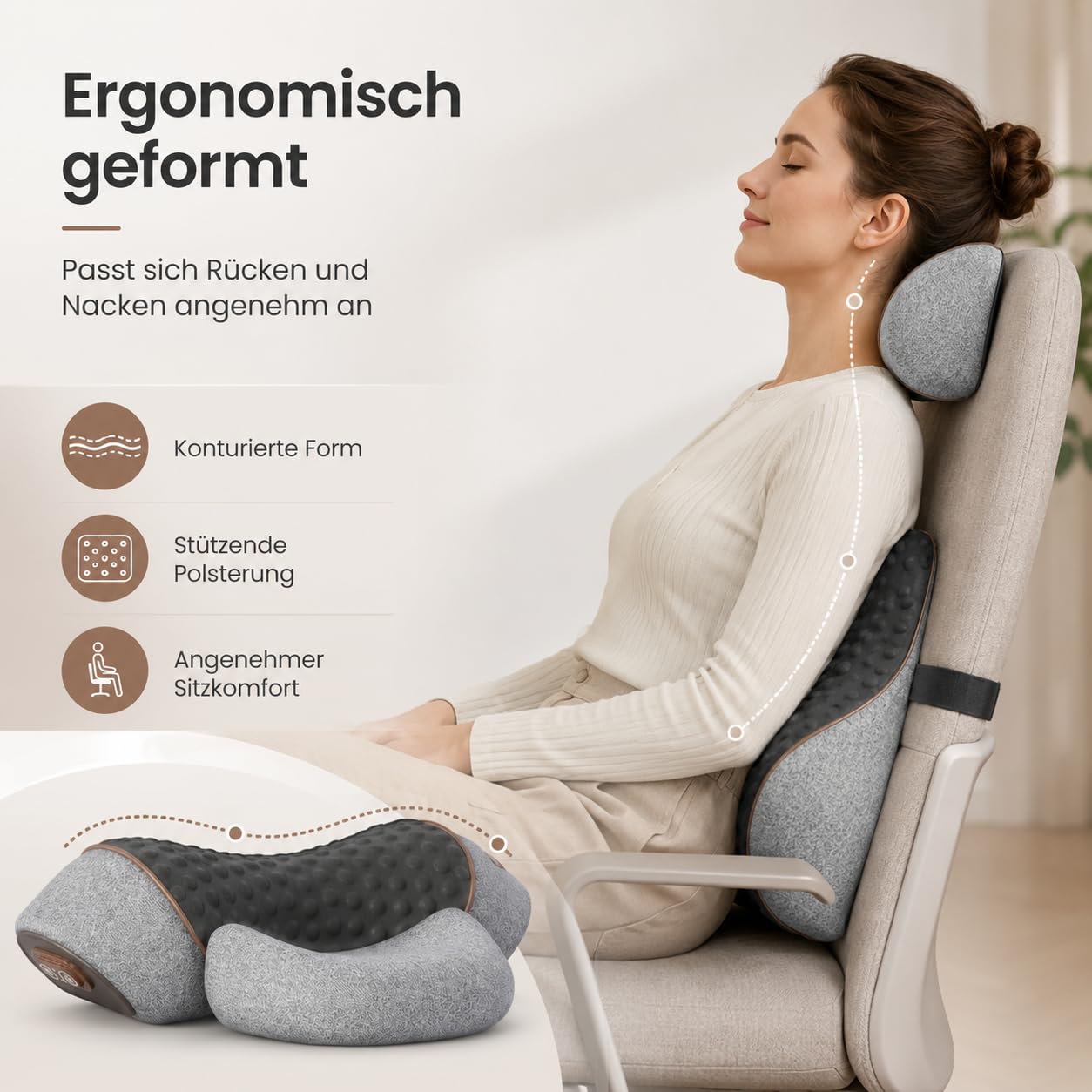 Triple Fusion Massagegerät, 3 in 1 Massagekissen mit Traktion & Vibration, Memory-Foam Nackenstützkissen für Nacken, Schultern & Rücken，Dunkelgrau