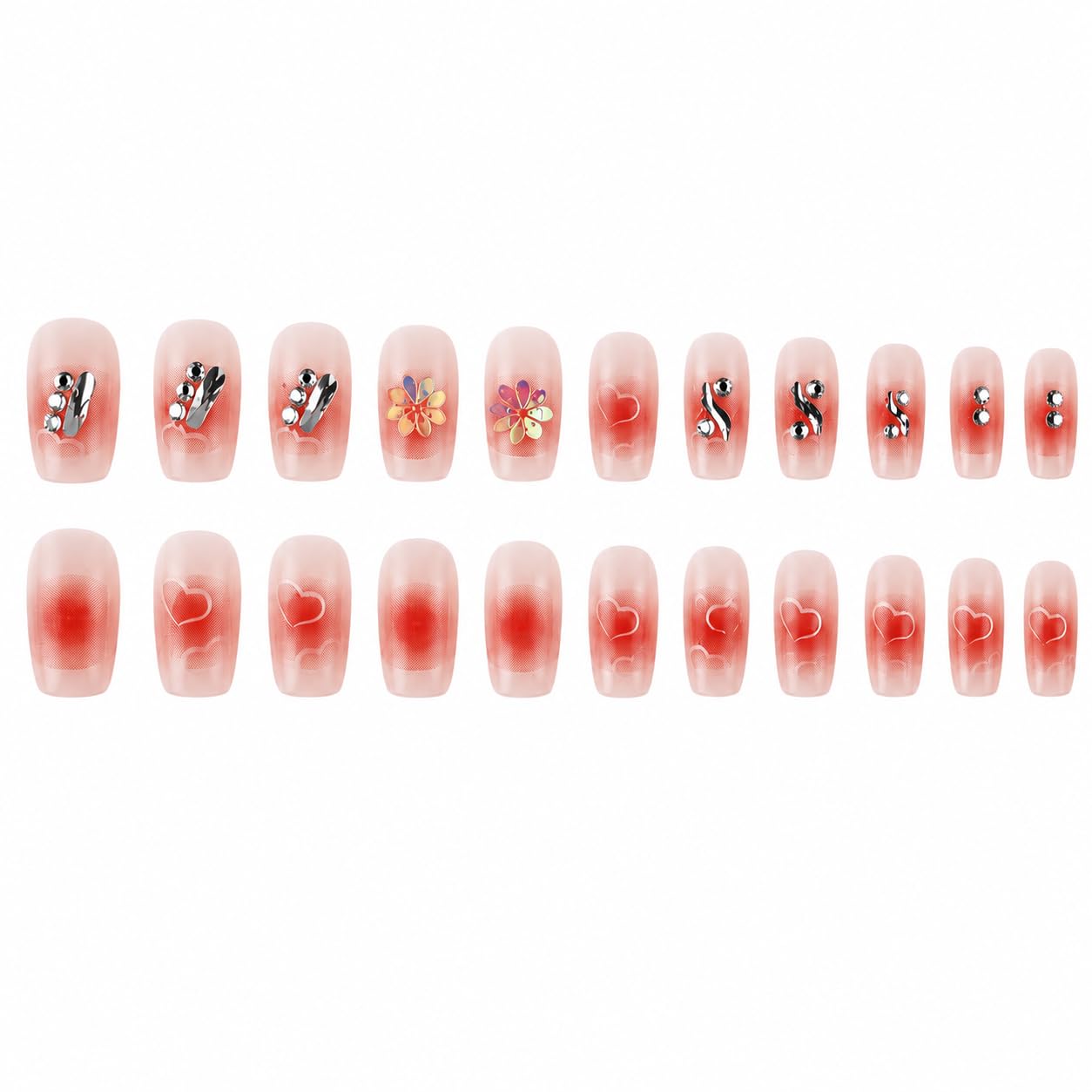 Glossy Press On Nails Blue Star Design | 24 Pcs Medium Coffin Artificial Nails with 3D Rhinestone Charms Reusable False Nail Kit with Adhesive Tabs for Women & Girls | Diy Apply (Light Pink and Cream)