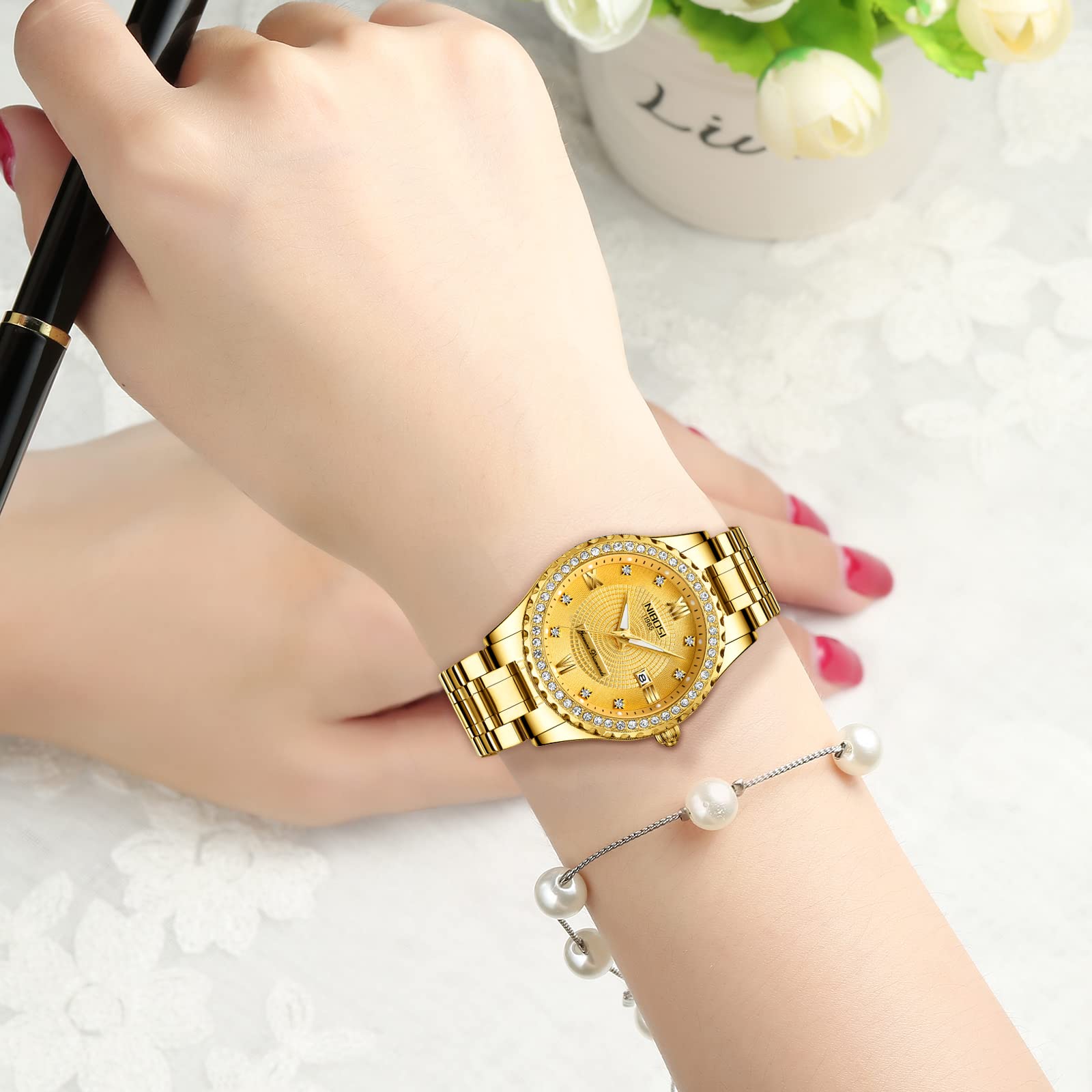 NIBOSI Reloj analógico de Cuarzo para Mujer, Esfera de Oro Rosa, Reloj de Pulsera de Lujo Impermeable con Diamantes de Acero Inoxidable para Mujer, Fecha automática
