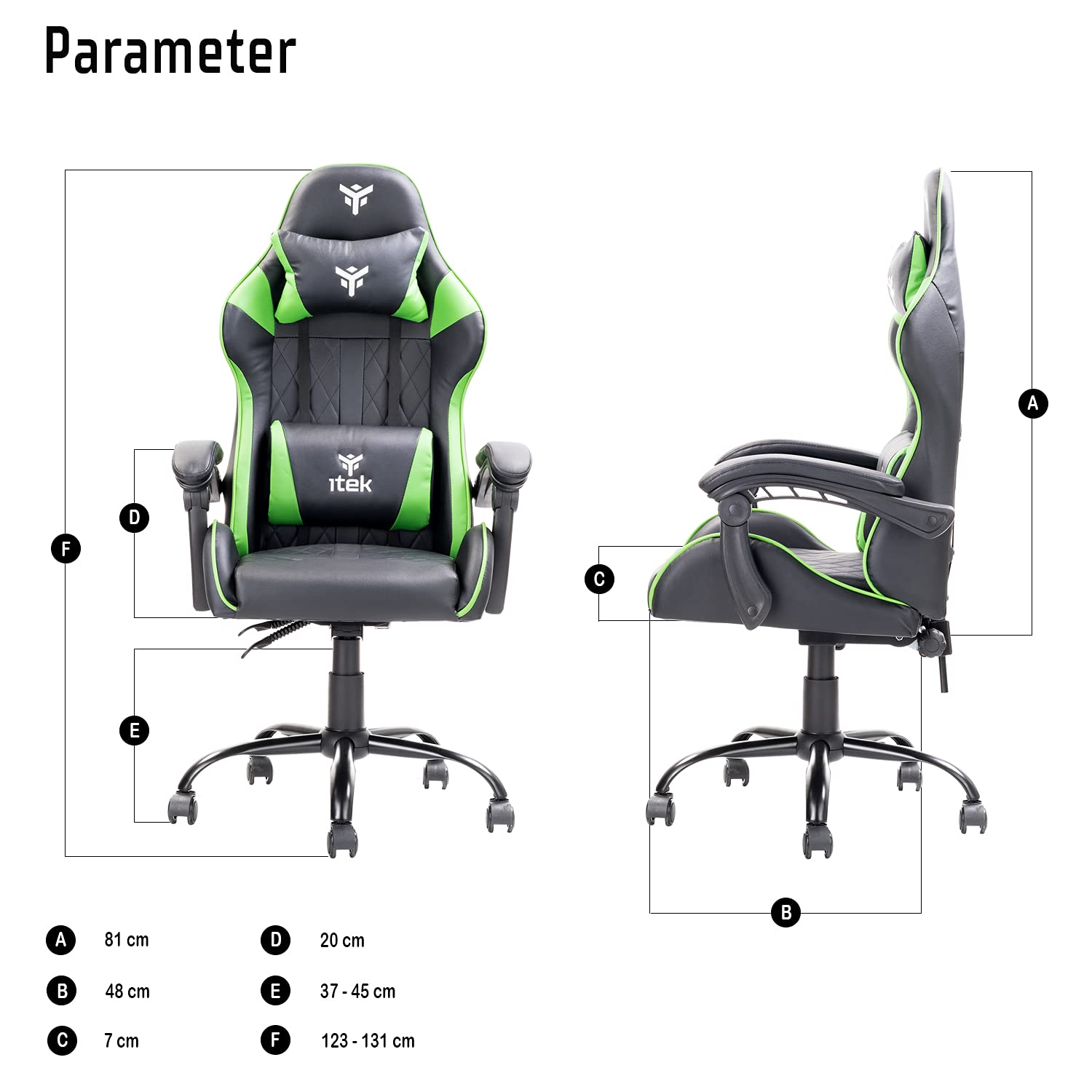 ITEK RHOMBUS PF10 Sedia Gaming ergon. Verde, schienale reclinabile, cuscino poggiatesta, sup. lombare, confort e design, ideale come sedia ufficio, sedia per studio o poltrona per gamer