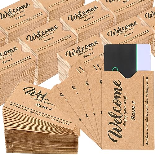 Image of Sabary 1000 Pcs Kraft Paper Hotel Key Card Envelope Credit Card Protectors Cover Gift Card Envelope Holder Sleeves Printed Welcome Guests Enjoy Your Stay for Business, 2.36 x 3.54 Inch