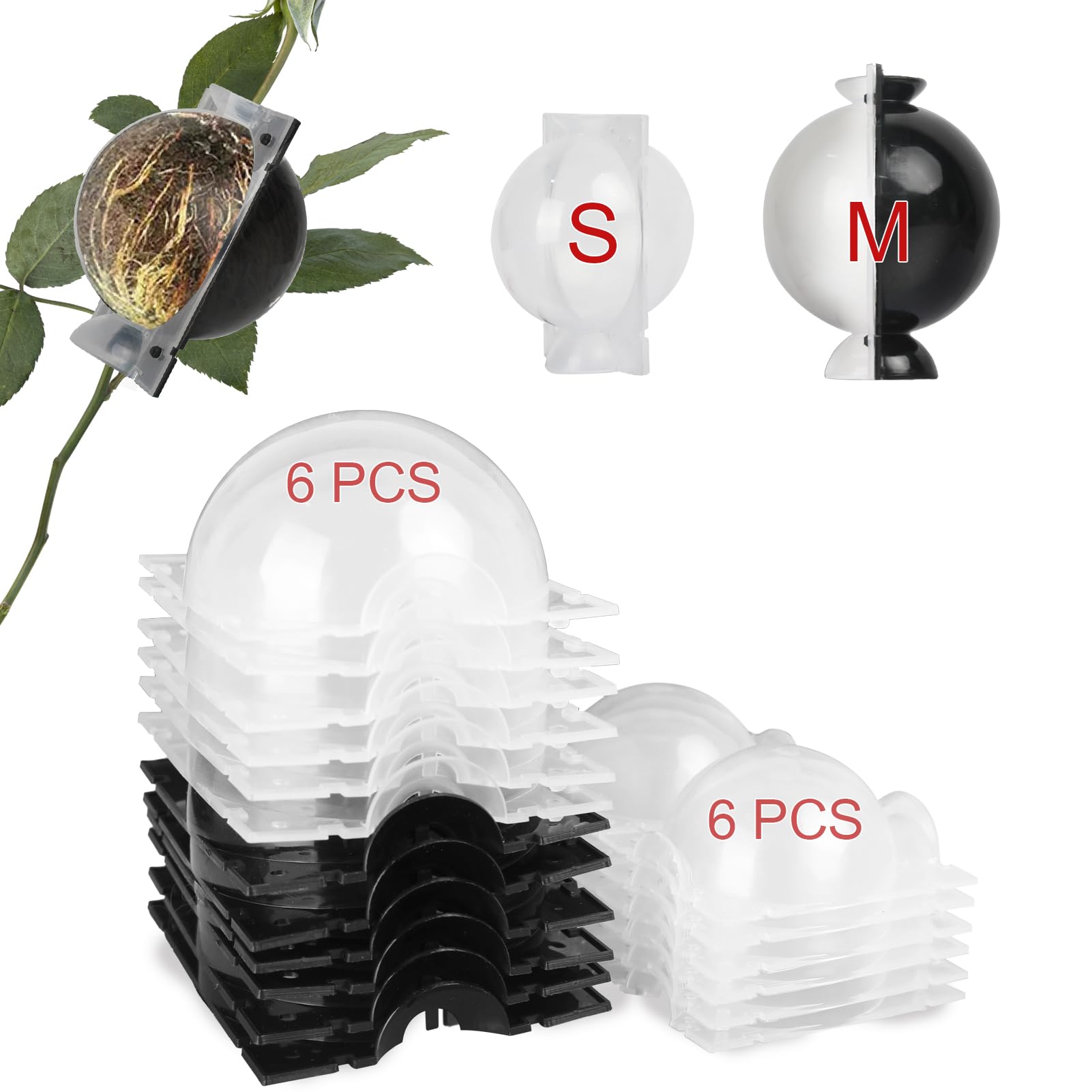 Tree Root Growing Box, Reusable Transparent Plants Asexual Reproduction Grafting Ball, High Pressure Air Layering Pods Propagation Kit (6pcs Small + 6pcs Meidum)