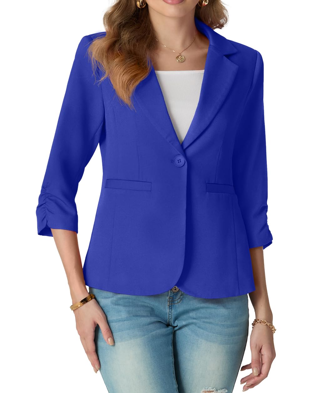 GRECERELLE Blazer da donna con maniche a 3/4 increspate, giacche formali da donna, casual, elegante, da lavoro, ufficio, per matrimoni, funerali con bottoni, tasche, per donne dalla 40 alla 52