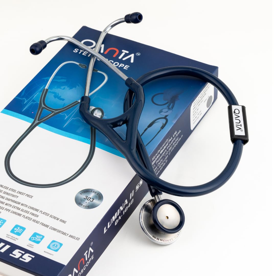 QANTA® Lumina II SS stainless steel dual head acoustic stethoscope | Flexible PVC Tubing | Soft Sealing Comfortable Ear Knobs | Doctors and Medical Students (Blue)-image-47