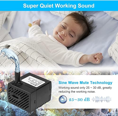 Miniatura 5 de Bomba de agua sumergible pequeña de 95 GPH 5 W, mini bomba de fuente, ultra silenciosa para acuario, pecera, estanque, estatua, hidroponía