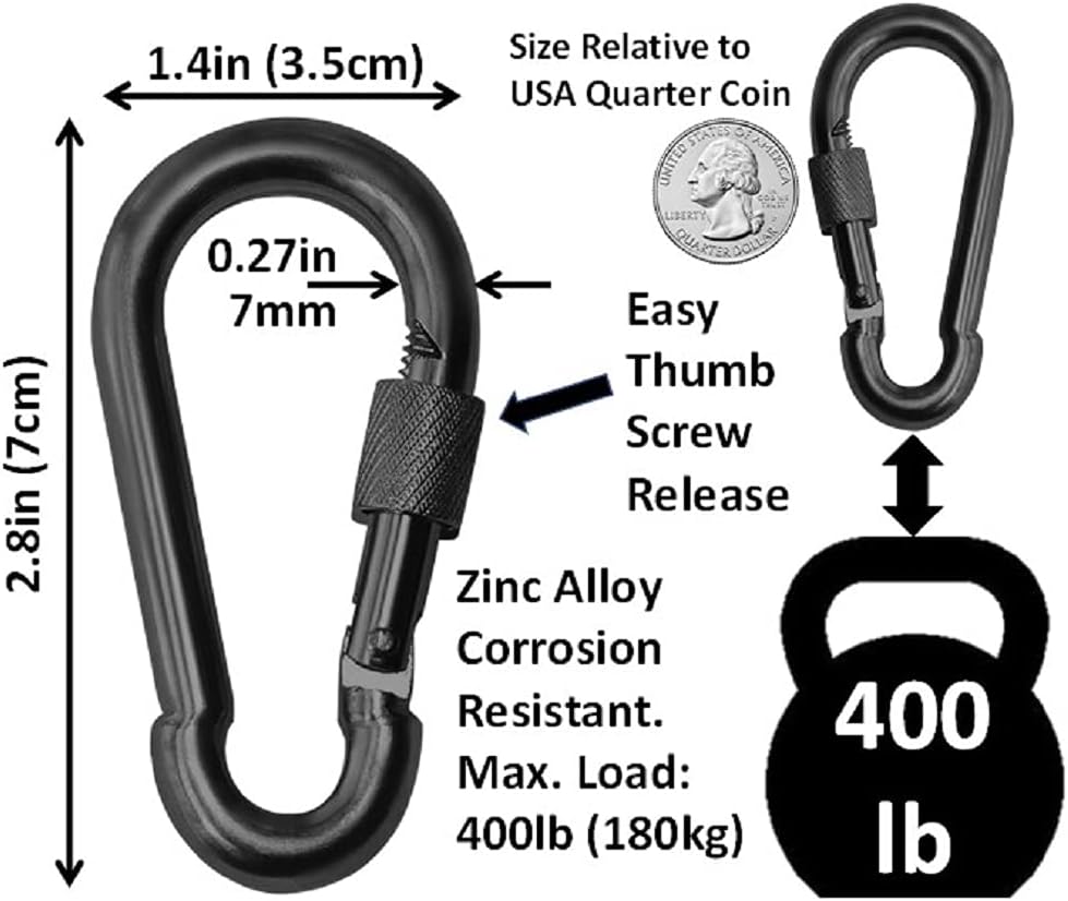 Black & Silver Heavy Duty Bushcraft Locking Thumb Screw Closure Zinc-Galvanized Steel Carabiner Spring Snap Clip Link Hooks 200-400lb Load. 6 & 12 Packs - Image 3