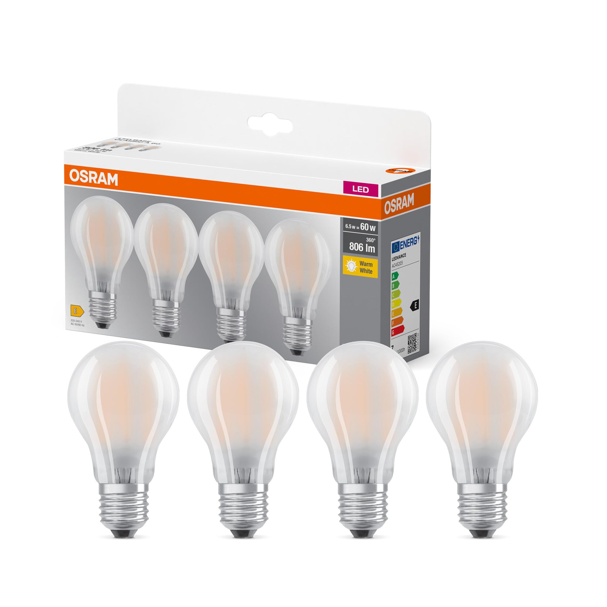 OSRAM LED BASE A60, confezione vantaggiosa con 4 lampadine, sostituisce le tradizionali lampadine da 60W, 6.5W, bianco caldo (2700K), vetro opaco, non dimmerabile, forma a bulbo, E27