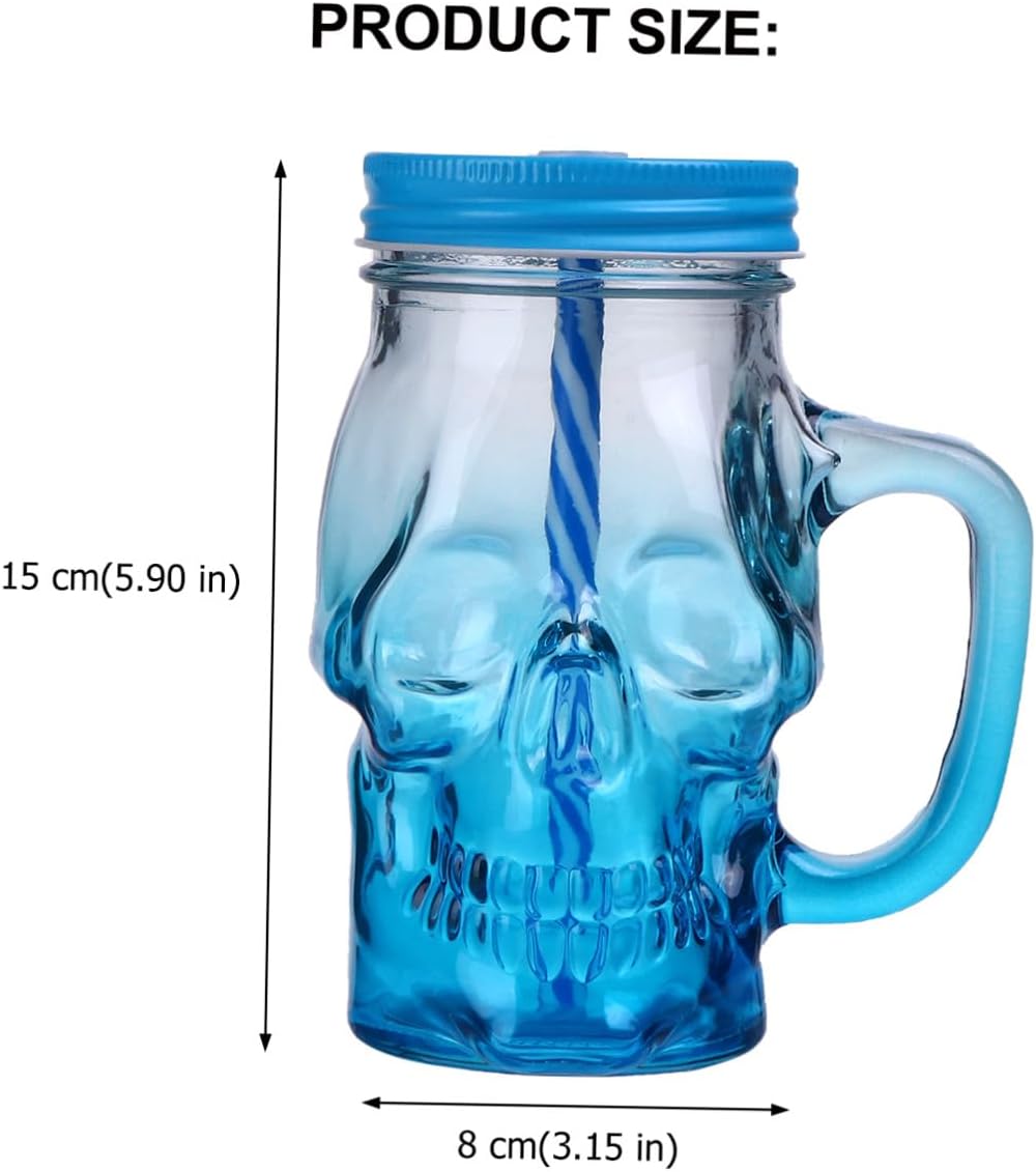 Toyvian Halloween Gradient Blue Skull Glass Beer Mug 500ml with Handle, 2pcs Set Party Skull Glassware for Halloween Drinks and Beverage Serving Random Color