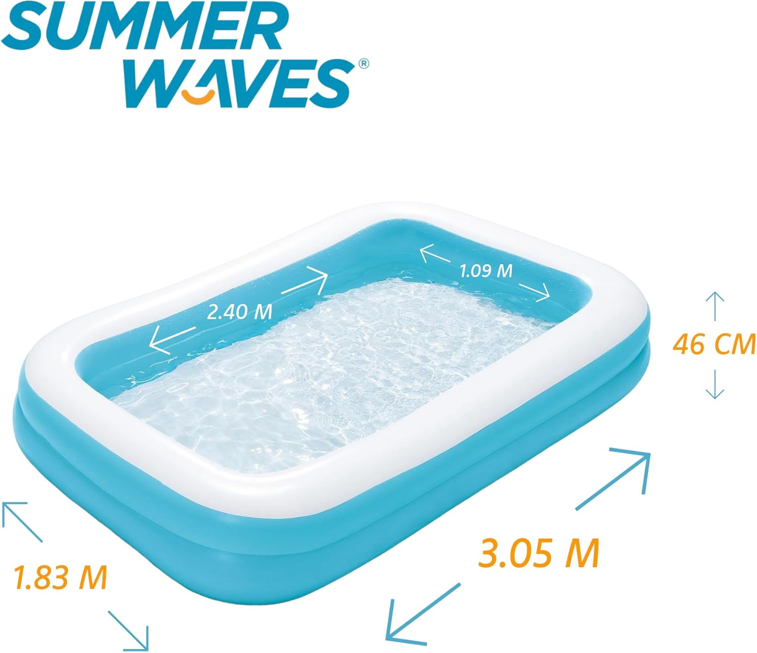 Summer Waves Inflatable Rectangular Children's Pool, 120.08" x 72.05" x 18.11", 848L, Blue, Kid