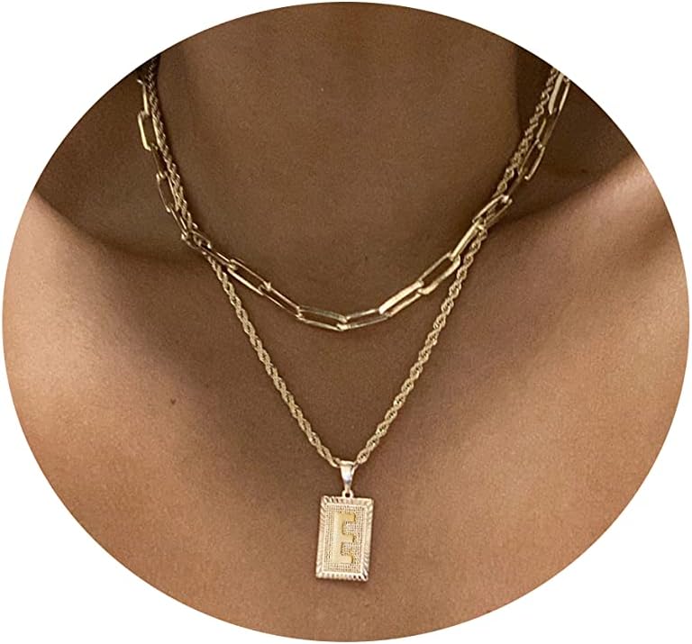 Tasiso 14K Gold Layered Initial Pendant Necklace Dainty Layering Paperclip Link Rope Chain Choker Necklace for Women Personalized Square A-Z Alphabet Letter Necklace Jewelry Gifts