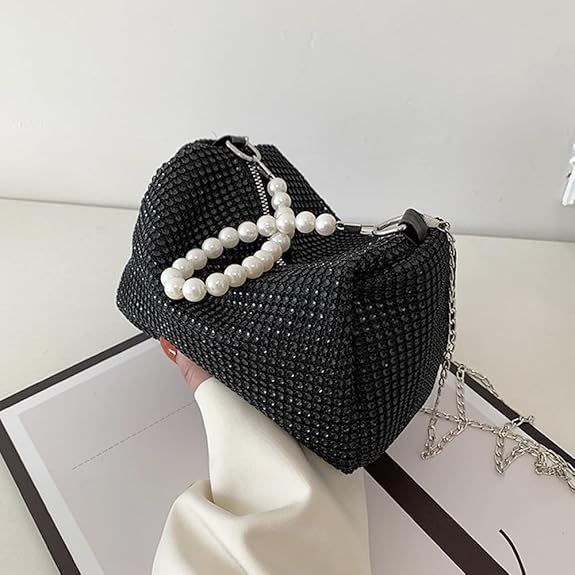 TOFBS Clutch voor Dames, Kleine Avondtas, Glitzerige Handtas, Elegant, Bruids Clutches, Parelketting, Kleine Avondtasjes, Goud, Zilver, zwart, Small
