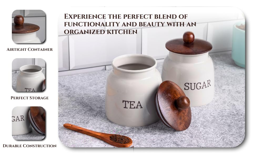 Image of Metallure Home Modern Kitchen Set | Air Tight Containers for Kitchen Storage | Tea Sugar Container Set of 2 | Wooden Lid Container | Food-Safe Metal Containers |Jar Container Set for Home (Light Grey)