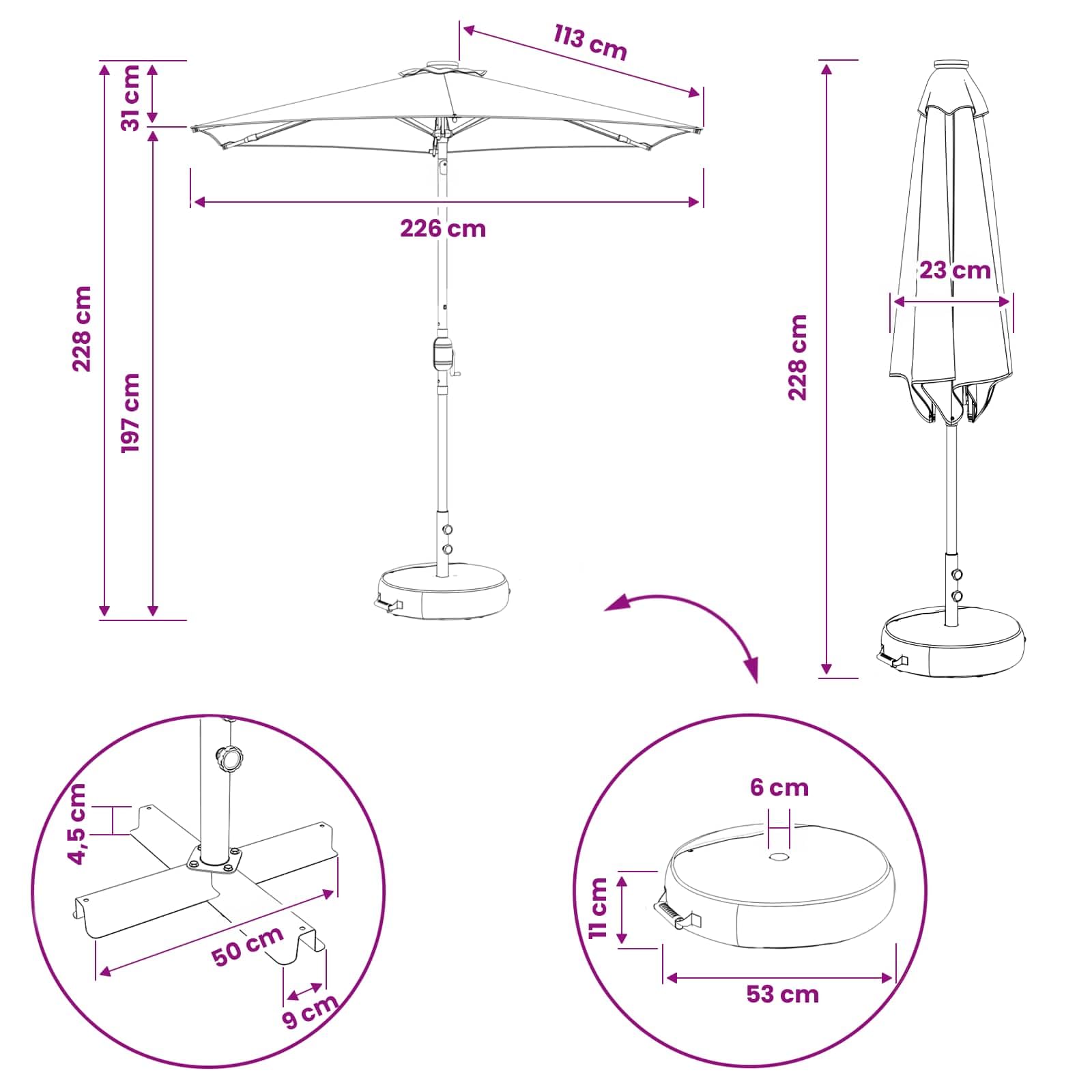 Parasol ogrodowy z diodami LED, 230 x 230 cm, poliester, ochrona przed promieniowaniem UV, odporny na warunki atmosferyczne i wodoszczelny, pochylany i zginany, idealny na taras, balkon, do