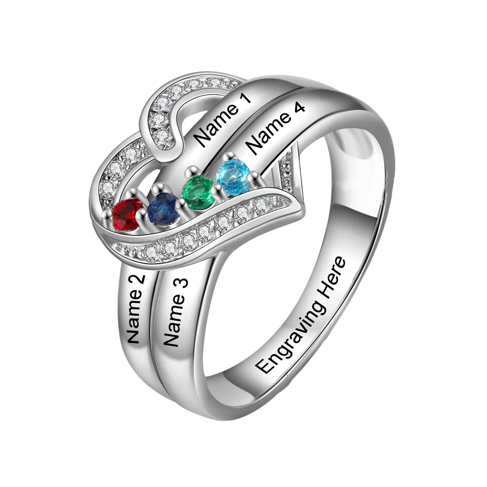 LELOUCHY Birthstone Name Ring Personalized 1-8 Birthstones Mother Ring 925 Sterling Silver Customized Name Ring with Birthstones Family Jewelry Gifts