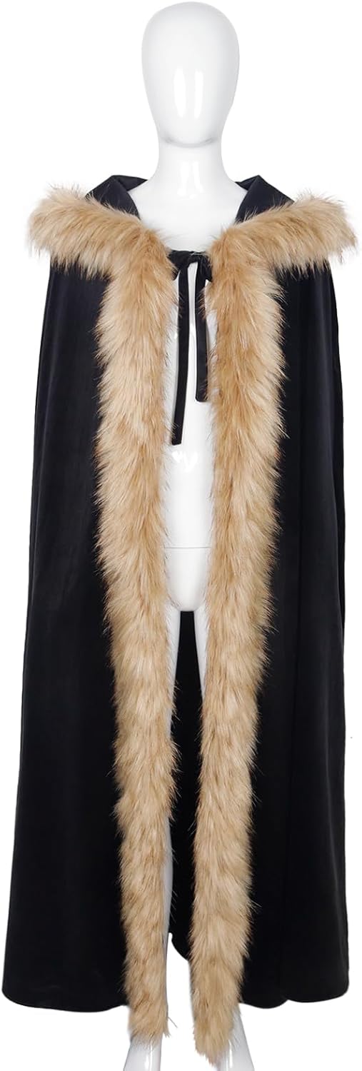 Joukavor Viking Fur Hooded Cloak Medieval Velvet Cape with Hood for Halloween - Image 7