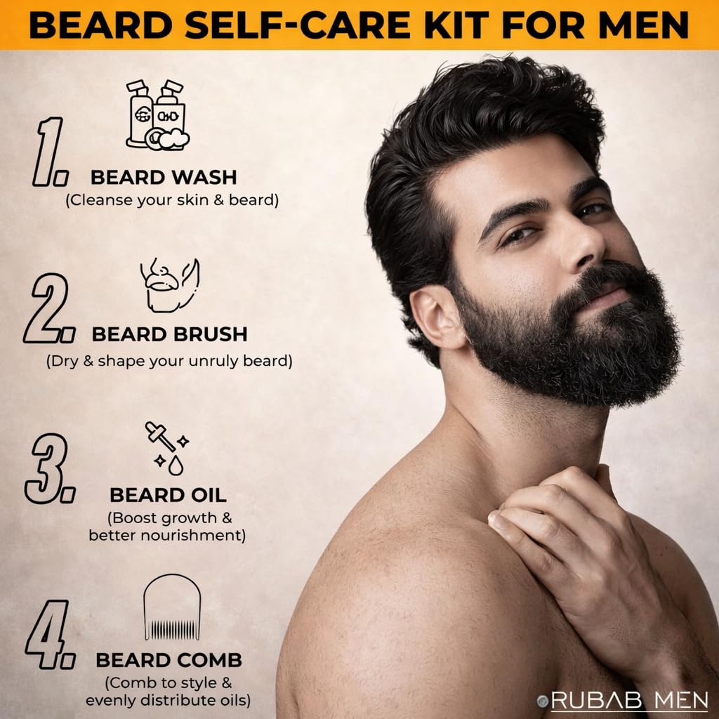 RUBAB MEN Complete Beard Grooming Kit of 4| Beard Brush, Oil, Wash & Comb