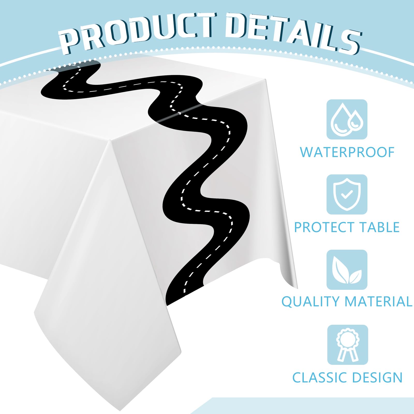 Irenare 3 Pcs Racing Table Cloths Car Birthday Party Supplies 54 x 108 Inch Racetrack Table Runner Covers Disposable Rectangular Road Tablecloth for Kids Boy Car Theme Birthday Party Decor (White)