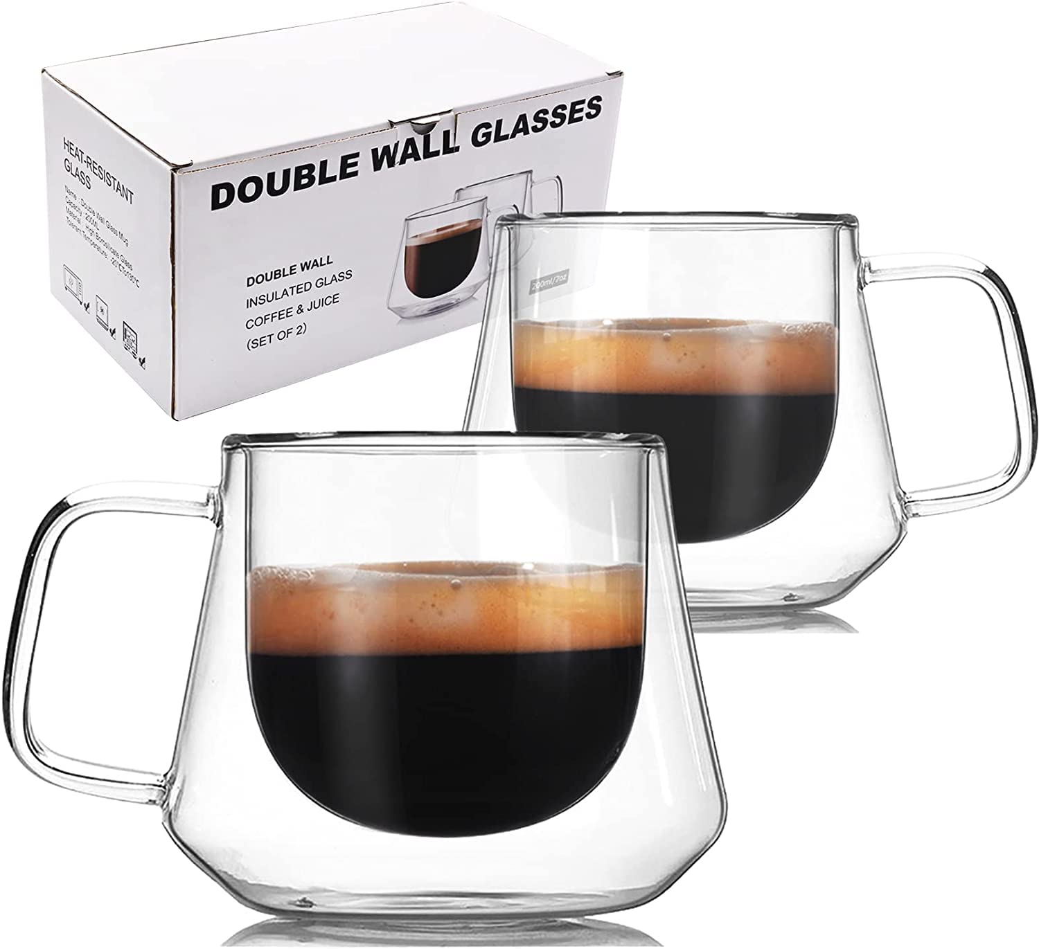 Arabest Double Walled Glass Coffee Mugs with Handle, Large Insulated Layer Coffee Cups, Clear Borosilicate Mugs, Perfect for Espresso, Cappuccino, Tea, Latte, Wine (7OZ/200ML, 2-piece set)
