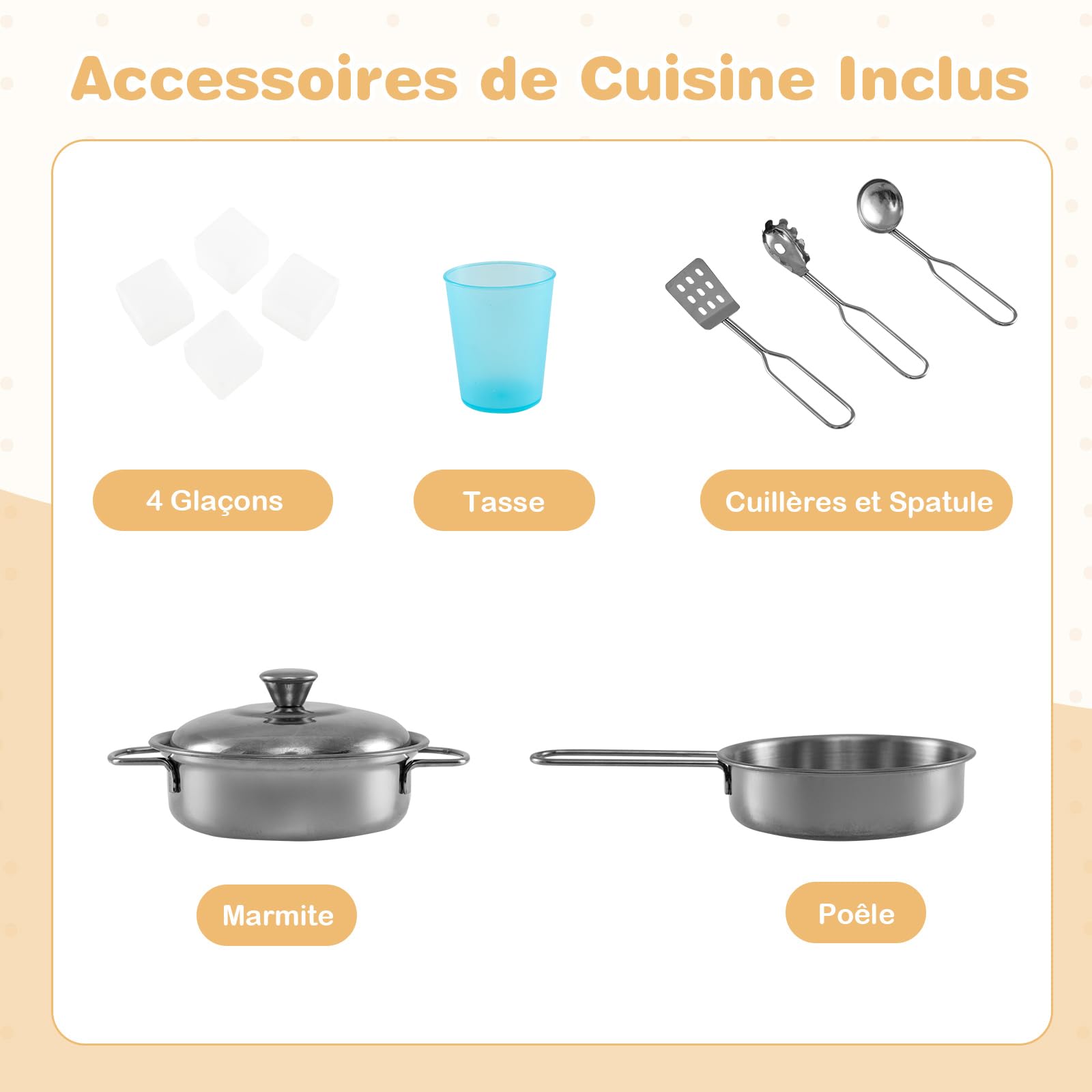 COSTWAY Cuisine Enfants en Bois avec Tableau Noir & Téléphone, Jeu de Cuisine Enfants avec Micro-Ondes & Machine de Glaçons, Jeu d’Imitation pour Enfants de 3-6 Ans, 82 x 24 x 80 cm (Beige)