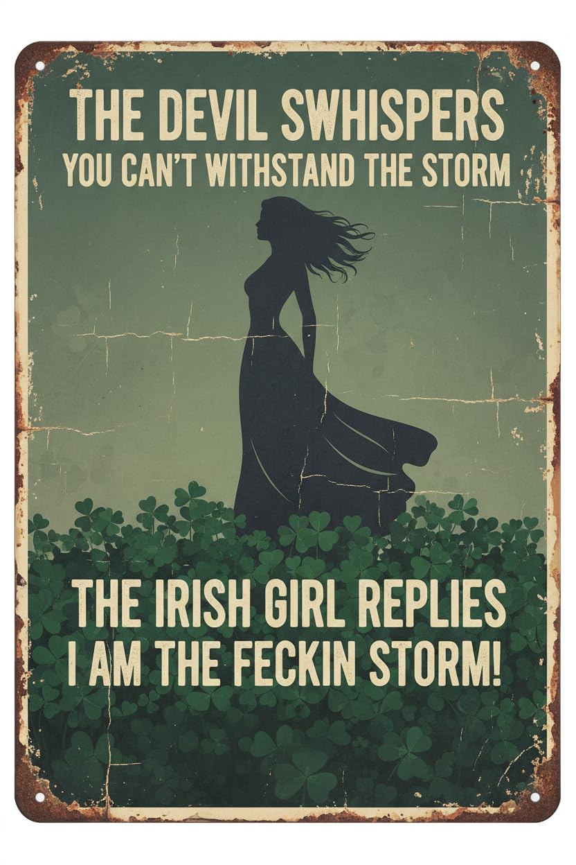 The Devil Whispers You Can't Withstand The Storm The Irish Girl Replies I Am The Feckin Storm Retro Metal Tin Sign Vintage Sign For Home Coffee Wall Decor 8x12 Inch Signs Aluminum Plates Printed