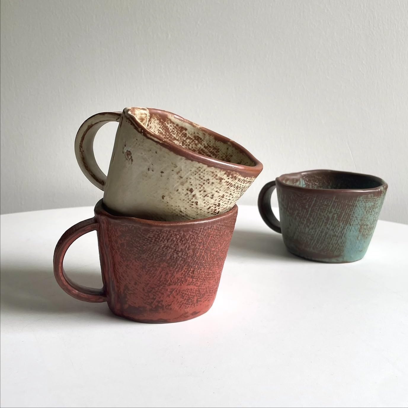 Wabi-Sabi Japanese Ceramic Clay Coffee Cup and Saucer Set, Rustic Vintage Stoneware Mug with Plate for Breakfast, Tea, Water, or Office Use (Blue)