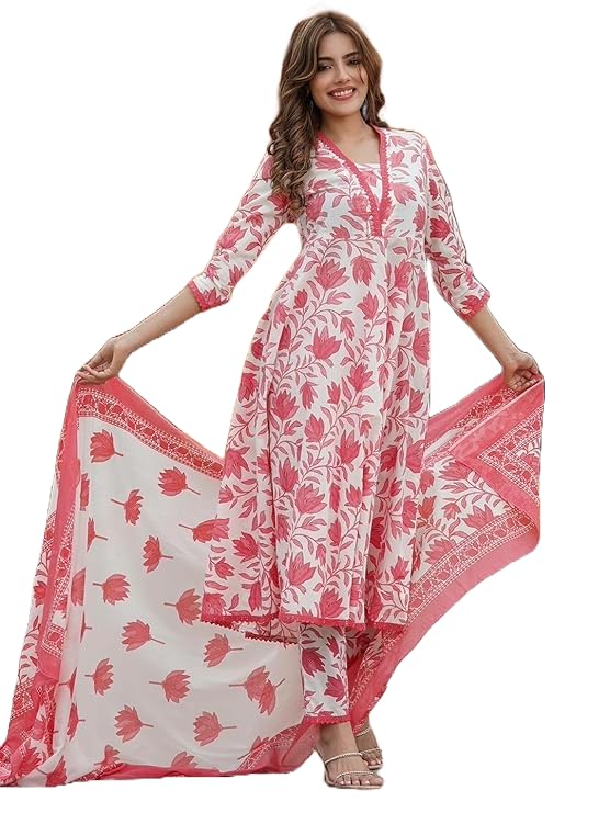 Lookmark Women's Printed Cotton Blend A-Line Kurta Pant Dupatta Set With Lace - Elegant Ethnic Wear For Women - Perfect For Casual And Festive Occasions (Az-Lm-Og-Ks2114 Red-L)