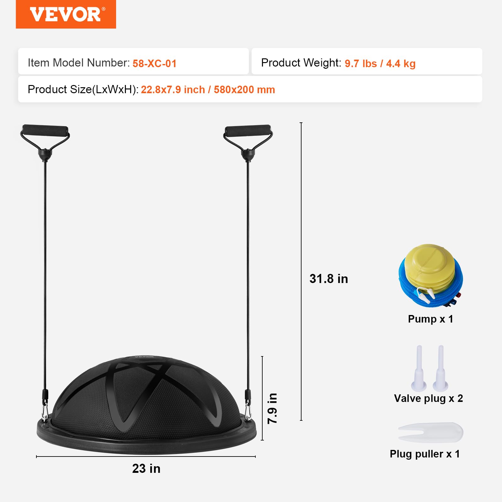 VEVOR Balle d'Équilibre Demi-ballon Fitness 66cm avec Pompe à Pied, Capacité 300 kg