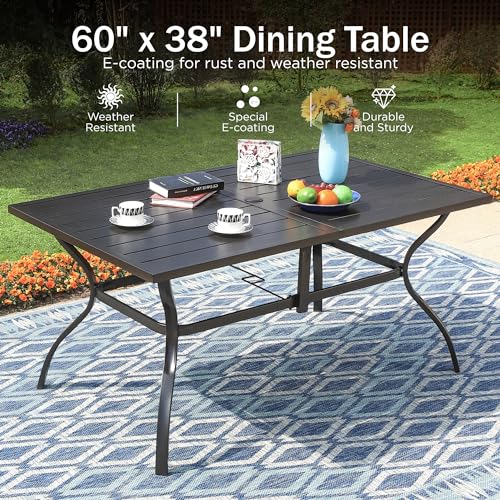 Image of PHI VILLA Patio Dining Set for 6, Stackable Chairs& Rectangular Table | 60 inch Rectangular Metal Table& Stackable Black Wrought Iron Chairs,Large Outside Furniture for Patio,Deck,Backyard,Porch