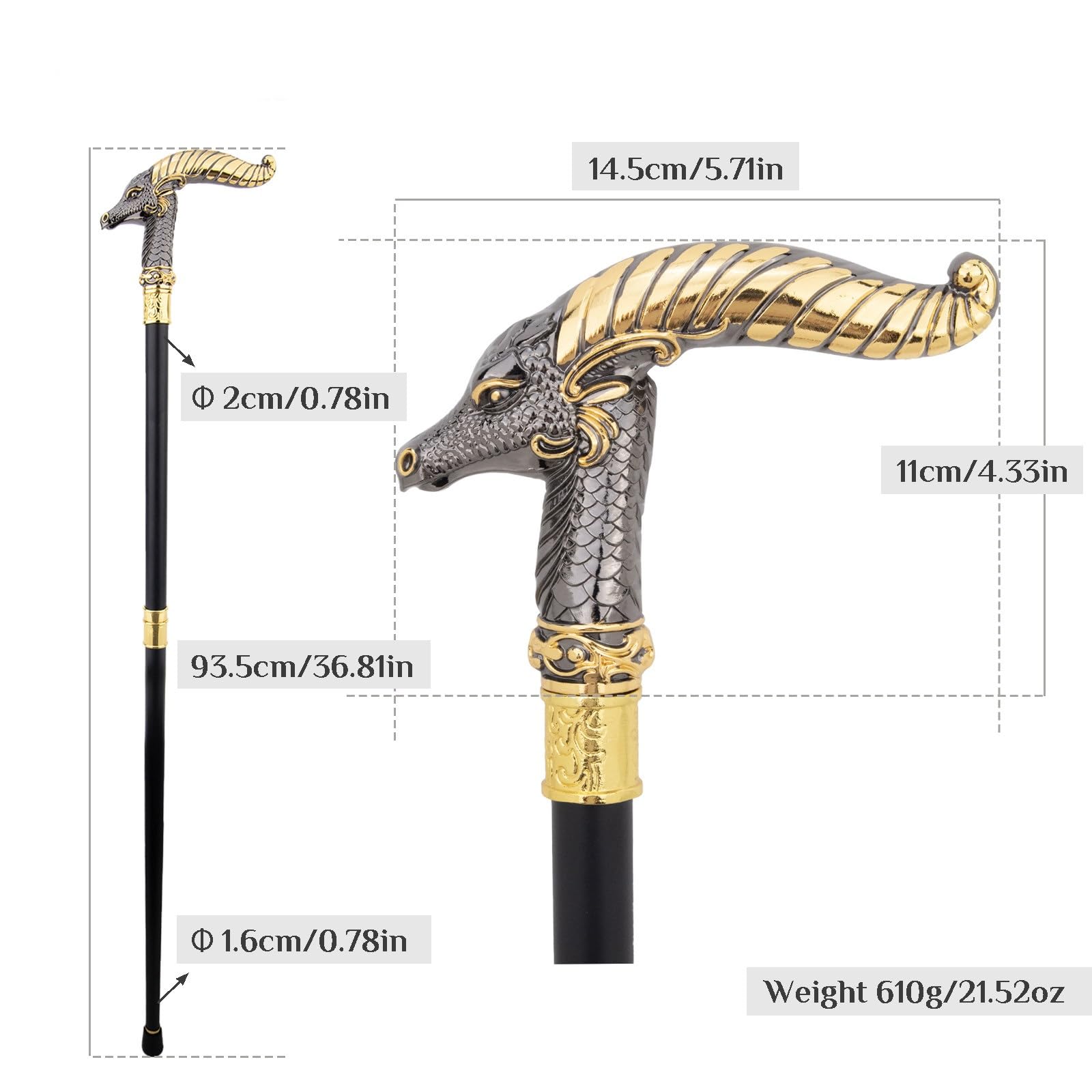 Bastón Negro de 93,5 cm con Diseño de Dragón de Cuernos Largos - Bastón de un Solo Punto para Hombres y Personas Mayores - Bastón Plegable de 2 Piezas para Senderismo y Movilidad