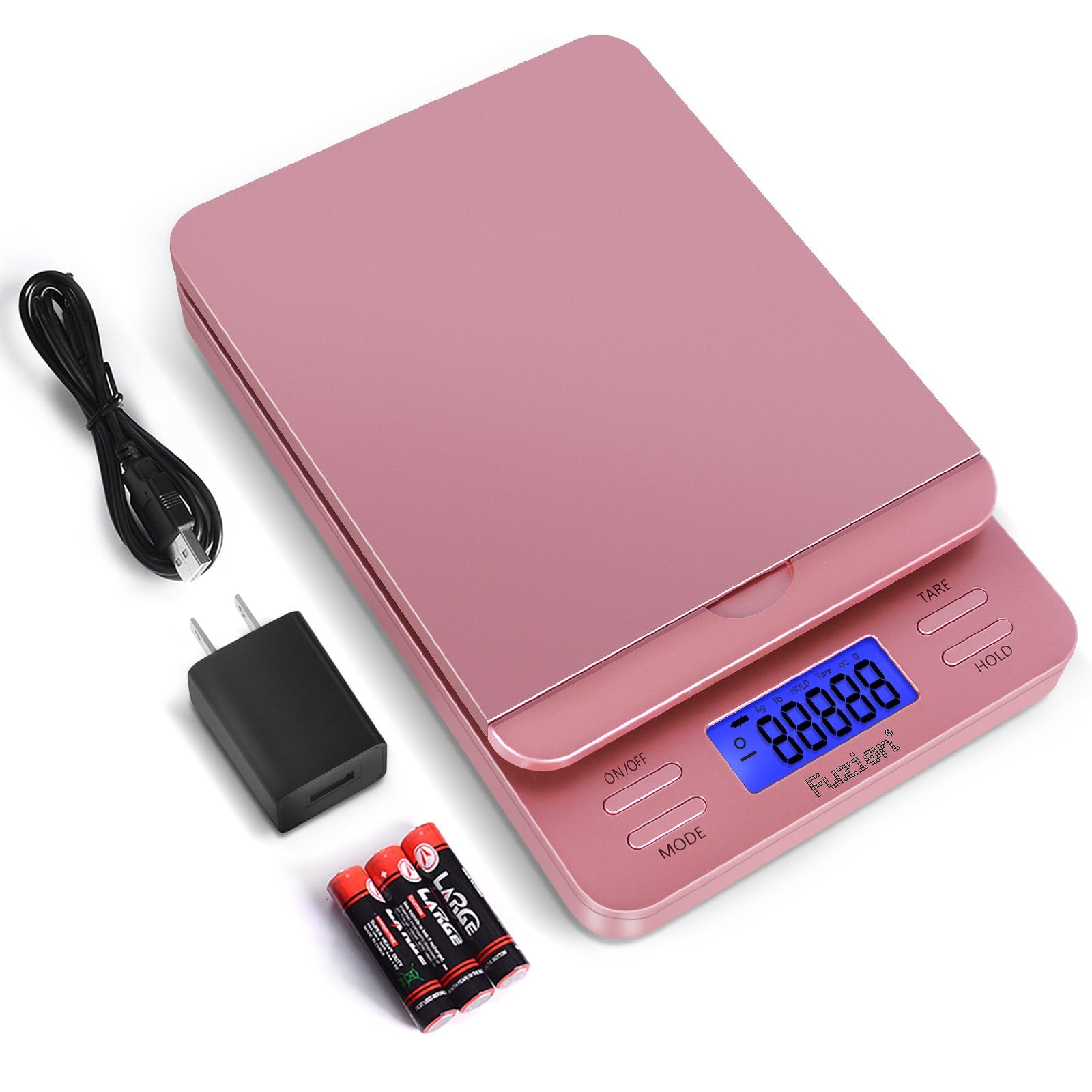 Fuzion Shipping Scale, Digital Postage Scale for Packages 86 lb/0.1oz with Hold and Tare, Postal Scale with Flip Holder, Package Scale for Small Business, Battery & AC Adapter, Rose Gold