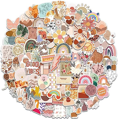 McMola 200pcs Boho Aesthetic Stickers for Water Bottles & Laptops Waterproof PVC 57cm Retro Rainbow Floral Line Art & Sun Decals Cute VSCO Vinyl Stickers for Teens Students & Adults