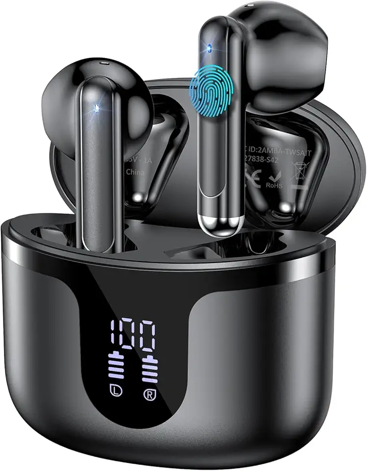 Wireless Earbuds, 2025 Bluetooth 5.3 Headphones HiFi Stereo 50H Playback Ear Buds with Led Digital Display, ENC Noise Cancelling Earbuds for Laptop Computer, iOS, Android, Black