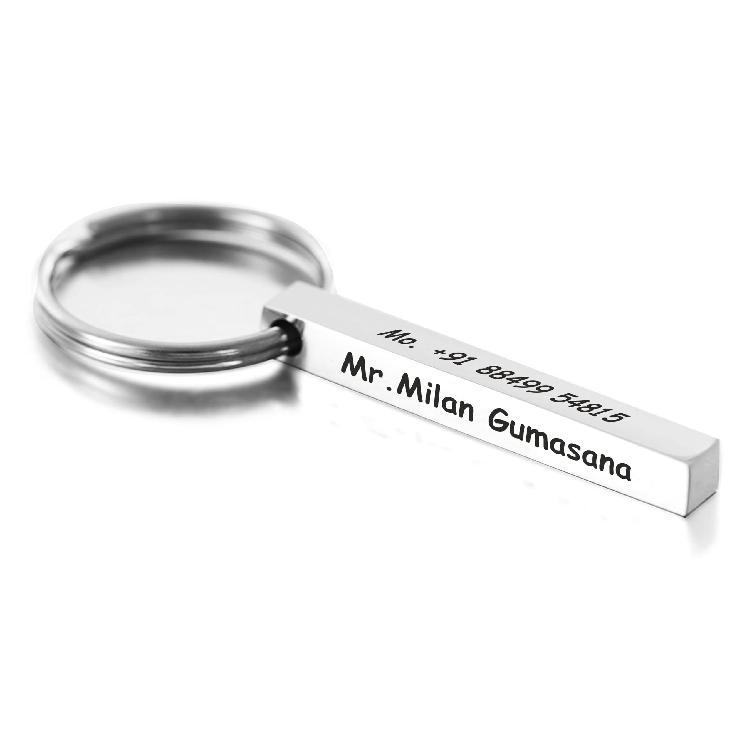 MOXTER Personalized Premium Stainless Steel Key Chain, Silver KeyRing with 4 Side Name engraved, Glossy Finish