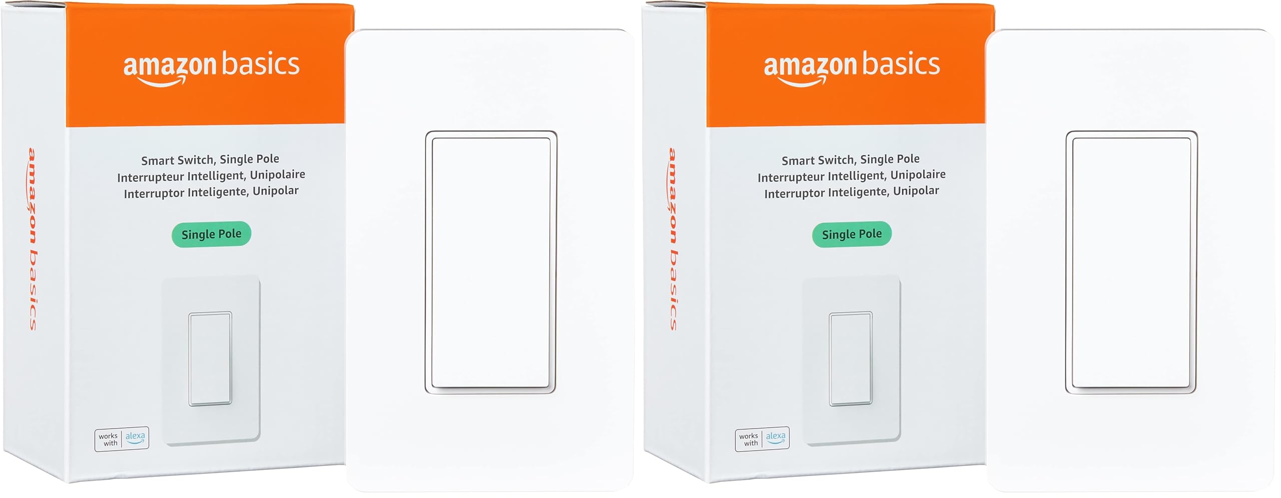 Amazon Basics Smart Light Switch, Single Pole, Compatible with Alexa Only, Voice Control, Schedule, 2.4 GHz Wi-Fi, No Hub Required, Easy to Install, White (Pack of 2)