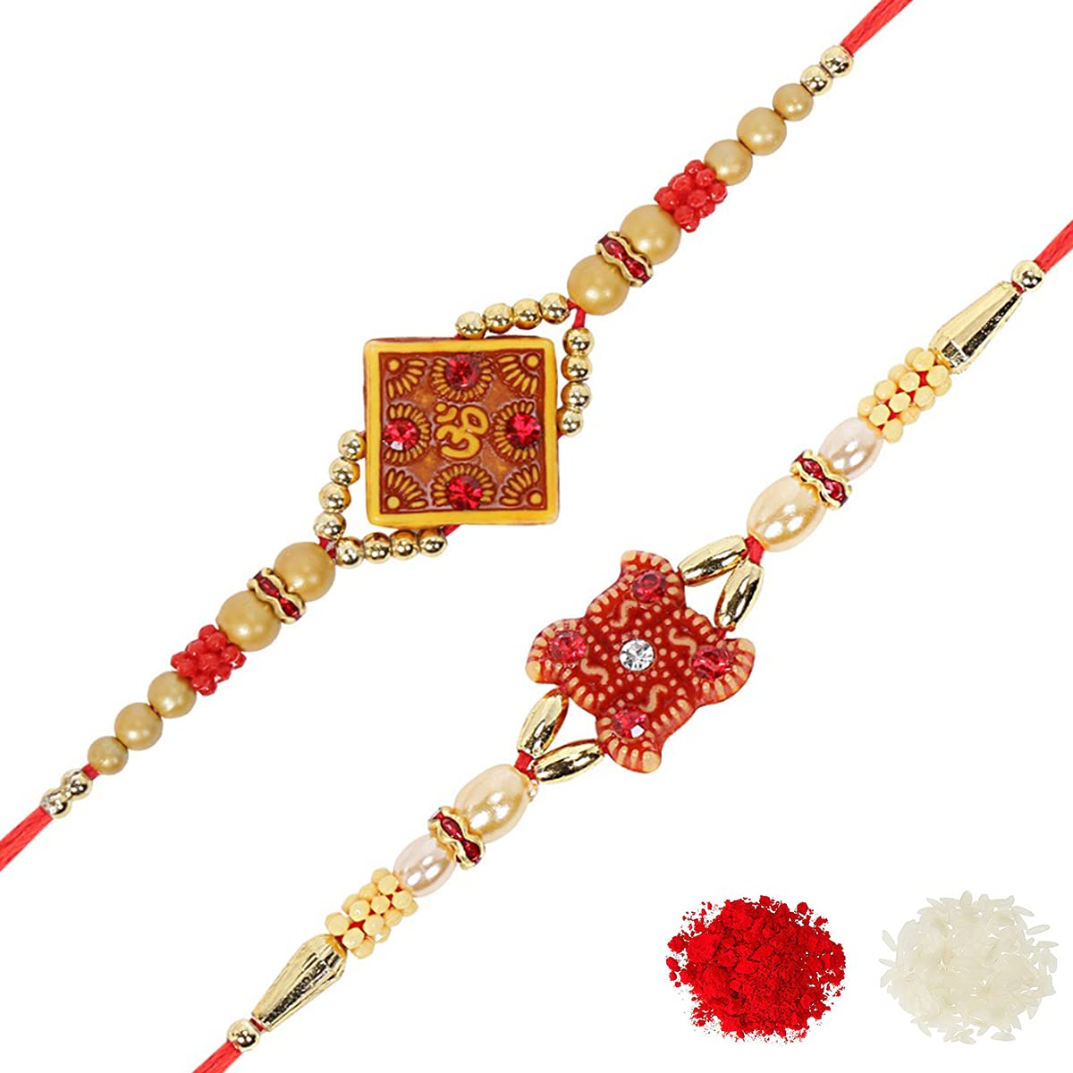 Riddhika Ventures Stylish Kundan and AD Ring Rakhi (Set of 2) (Bracelet) with Roli Chawal and Greeting Card (A1C1) (B07DZL71H8) Amazon Price History, Amazon Price Tracker