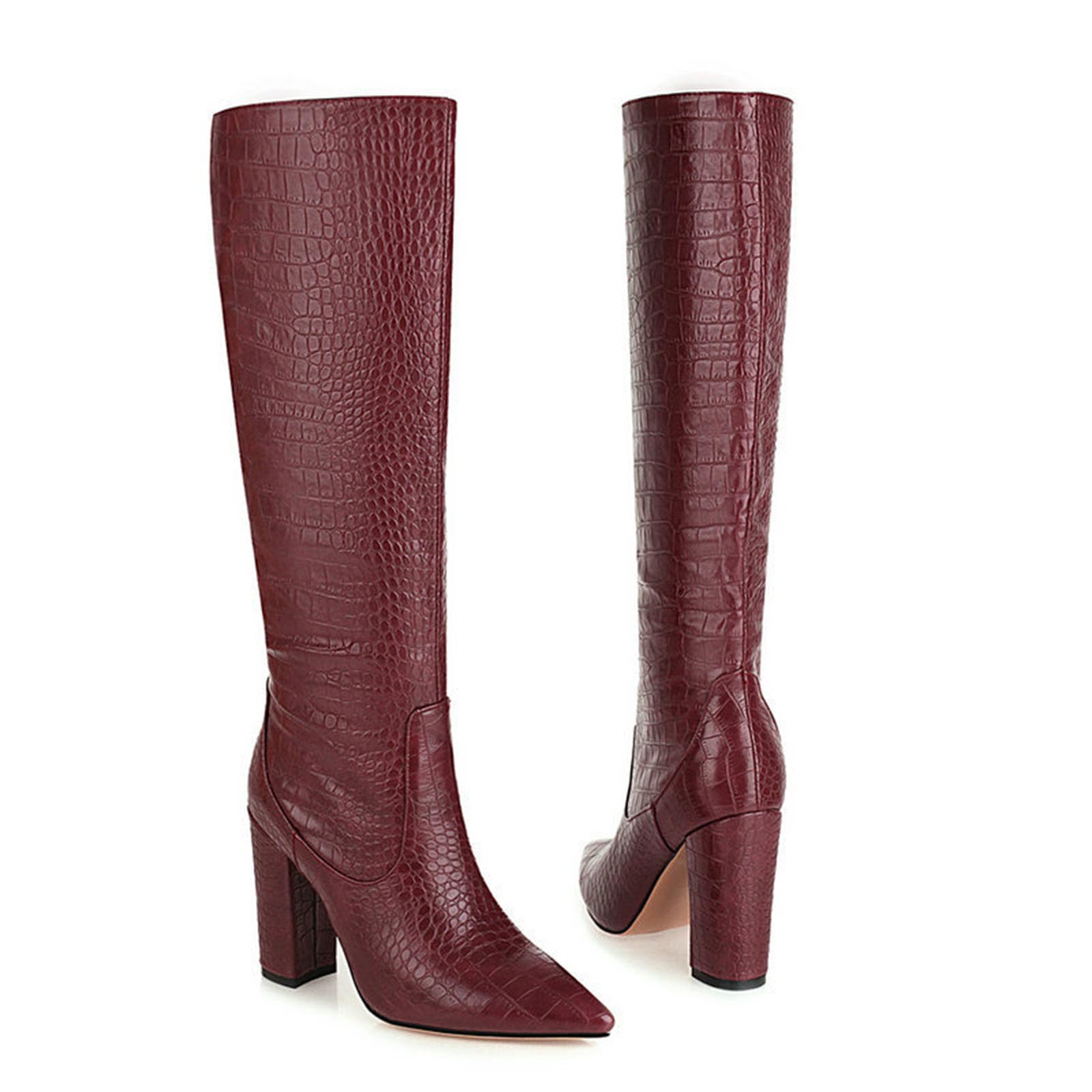 Womens Faux Leather Knee-High Boots Pointed Toe Chunky High Heel Pull On Boots with Textures Catwalk Dress 10Cm