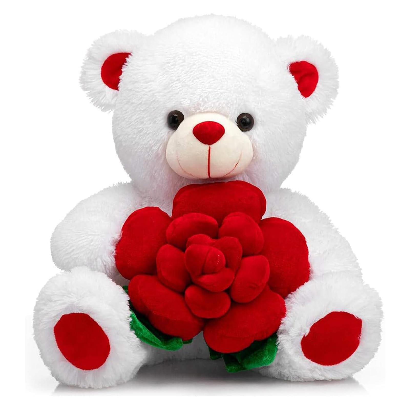 BEJOY Teddy Bear Stuffed Animals Plush Bear Holding Rose Soft Plush Toy Gifts 16 inches White