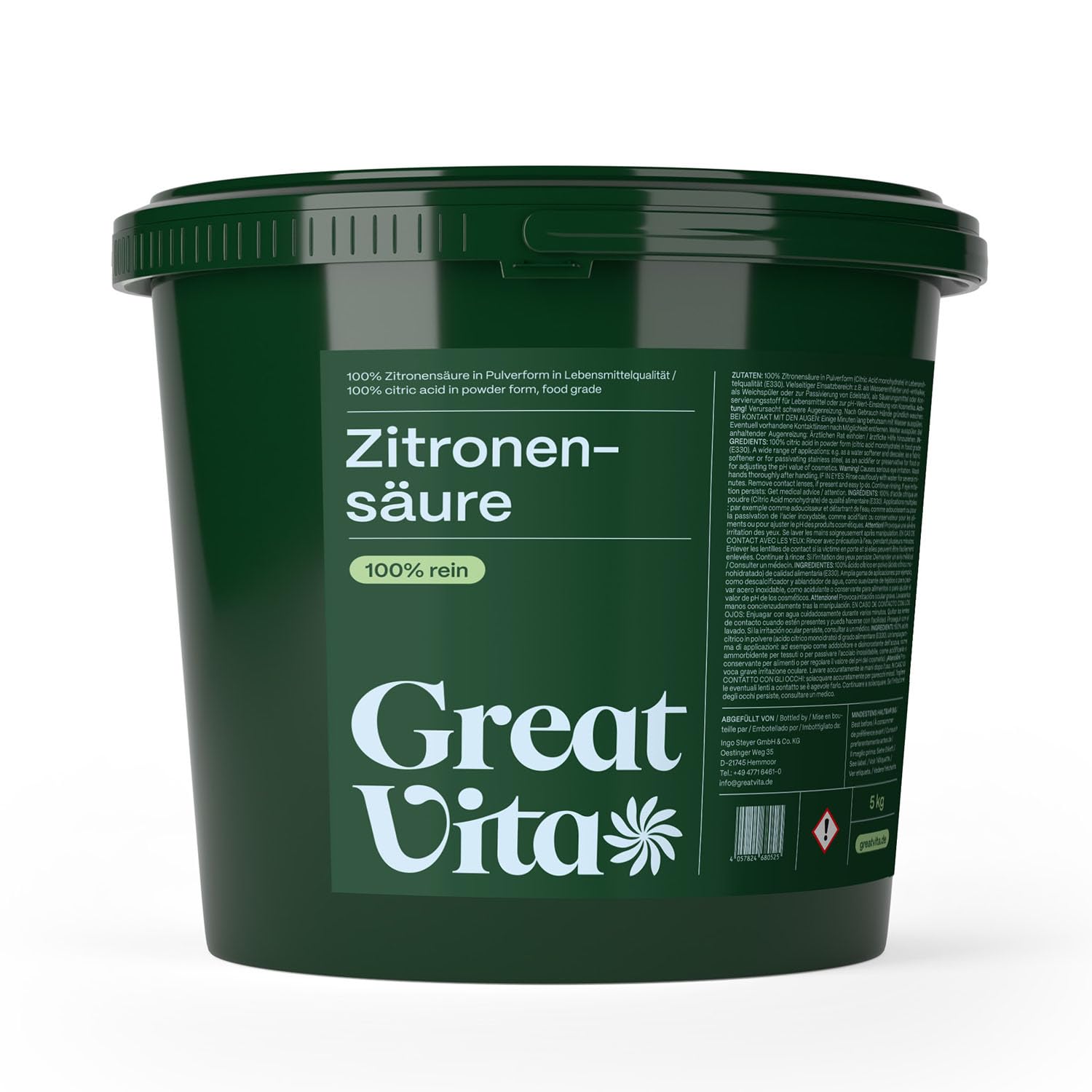 GreatVita Zitronensäure Monohydrat Granulat 25kg | Lebensmittelqualität, reine Citronensäure E330 | gentechnikfrei, Säuerungsmittel ideal zum Entkalken, Reinigen, Putzen, Backen, Kochen