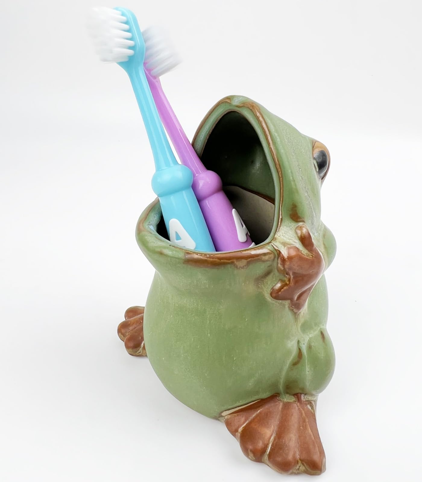 FlidRunest Green Ceramic Frog Toothbrush Holder for Bathroom - Easy to Clean Toothbrush Cup - Great Gift for Kids, Men