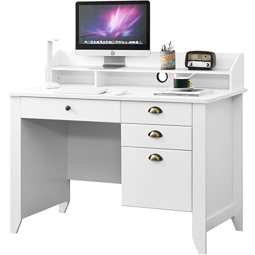 Catrimown Computer Desk with Drawers and Hutch, 47 Inch Home Office Desk with File Drawers, Student Girls Desks, Teens Writing Table with Hutch, Small Desk with Drawer for Bedroom, White