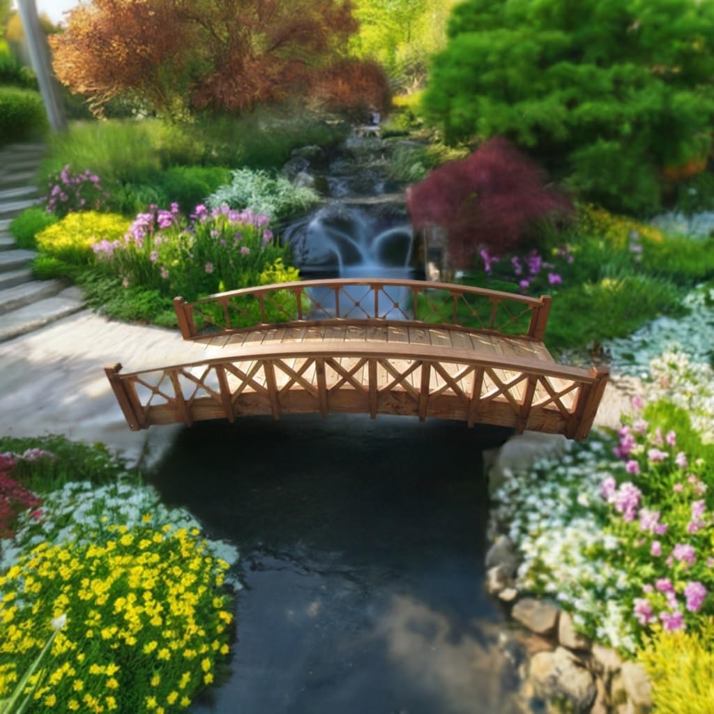 SamsGazebos Swan Wood Garden Bridge with Cross Halved Lattice Railings, 8', Brown