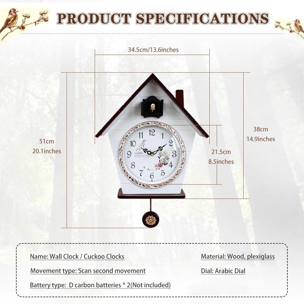 Cuckoo Clocks Wall Clock Decor Farmhouse Creative Silent Wall Clock, European Style Living Room Decoration, Battery Powered Cuckoo Clock, with Glass Mirror (Color : White, Size : Arabic Dial)
