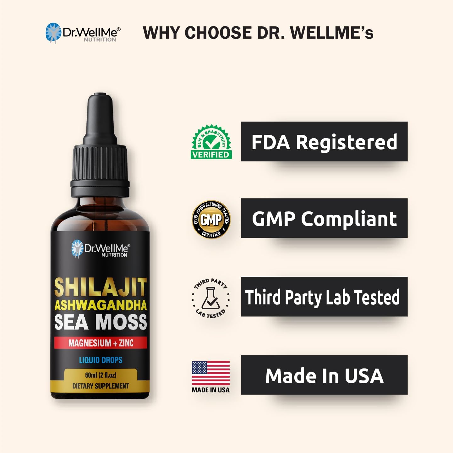 Dr.WellMe Shilajit Ashwagandha Sea Moss Safed Musli & Shatavari Liquid Drops –2 fl oz for Natural Energy, Immune Boost, Stress Relief, Detox, Joint & Muscle Health - Image 6