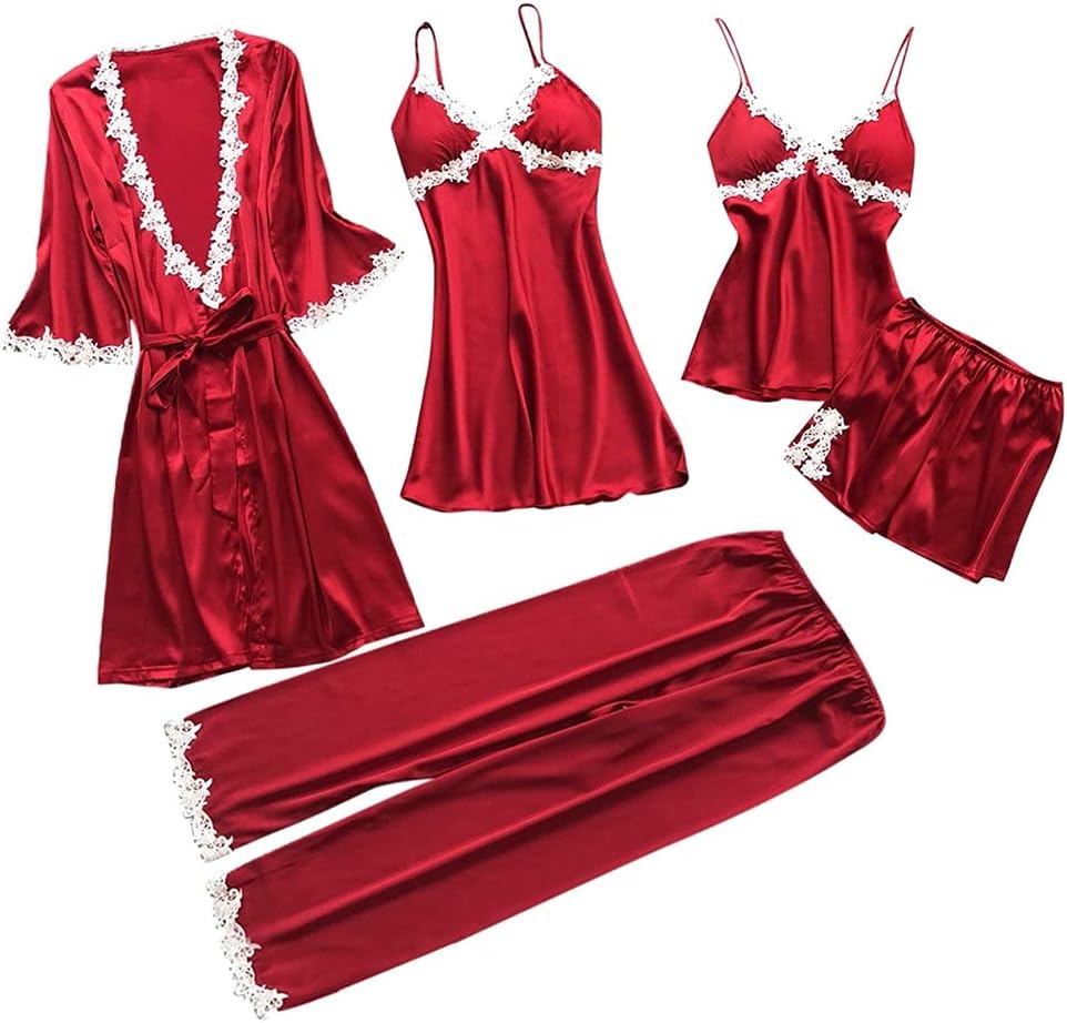 Spring Nightgowns 5-piece Women Sexy Garter Lingerie Set Robes Lace Bodysuit Deep-v Neck Underwear New