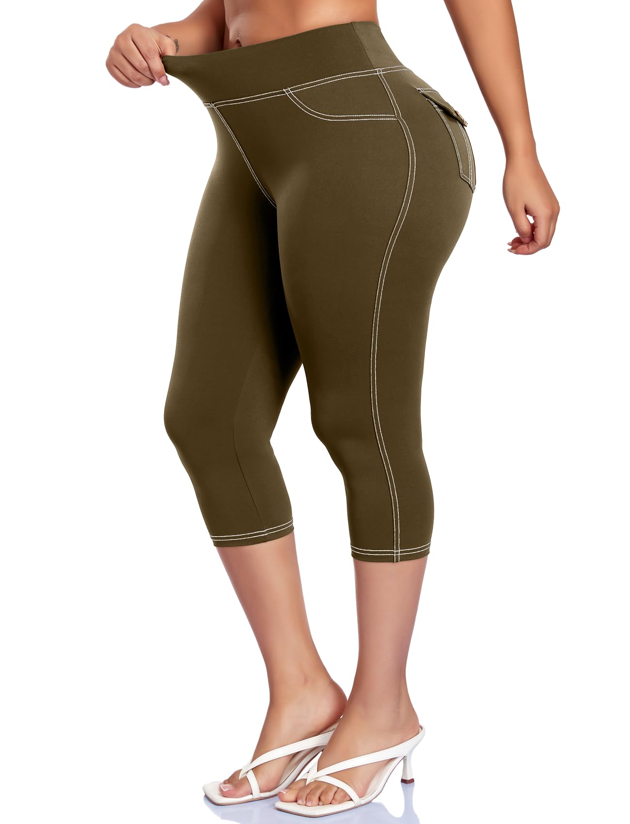 High Waisted Capri Leggings for Women-Denim-Like Stitching Workout Pockets Butt Lifting Ideal for Gym Yoga Tummy Control