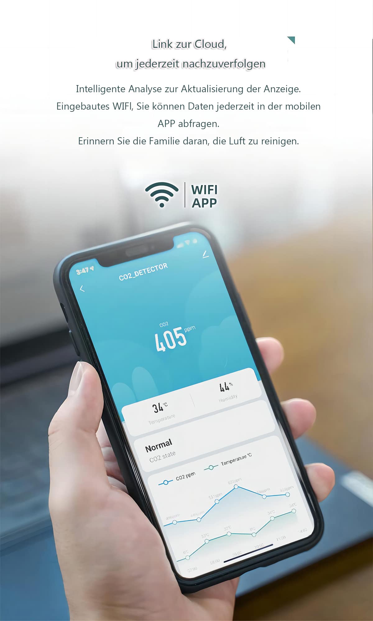 Air Monitor Indoor CO2 Messgerät, NDIR Luftqualität Raumluft Monitor, WiFi Stromsparen CO2 Melder mit tragbare Alarm, CO2 Thermometer mit Digitalen, Temperatur Luftfeuchtigkeit