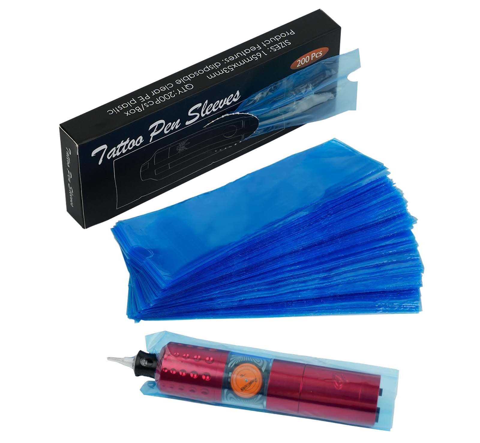 200Pcs Tattoo Machine Covers, PMU Machine Covers Tattoo Supplies PMU Supplies Disposable Clear Plastic Tattoo Gun Wrap Tattoo Pen Covers Tattoo Grip Wrap Sleeves(Blue 2.09 inch x 6.45 inch)
