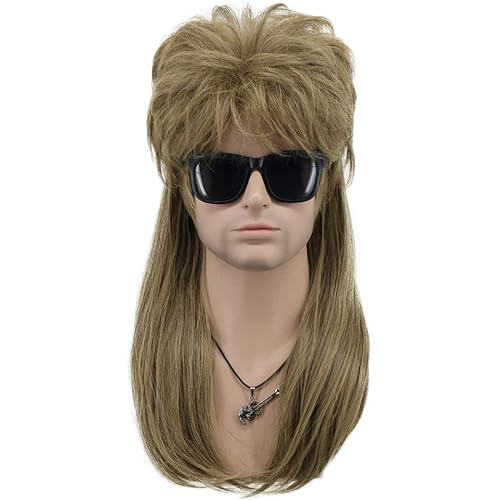 VGbeaty 70s 80s Disco Mullet Punk Rock Wig Mens Long Straight Light Brown Halloween Costume Cosplay Wig