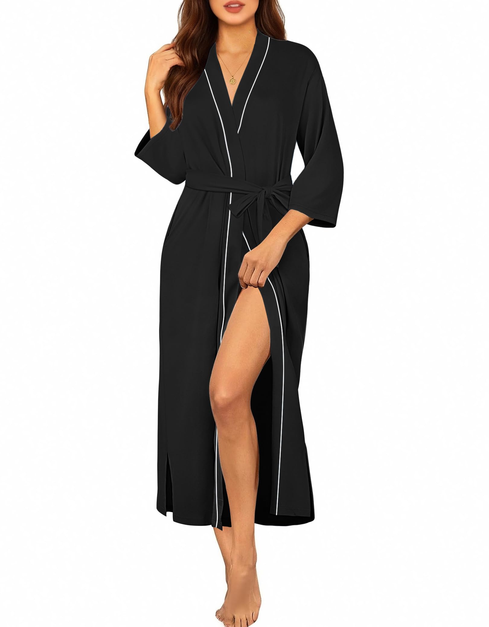 Ekouaer Robes for Women Long Knit Bathrobe Lightweight 3 4 Sleeves Kimono Robe Soft Sleepwear with Pockets S-XXL