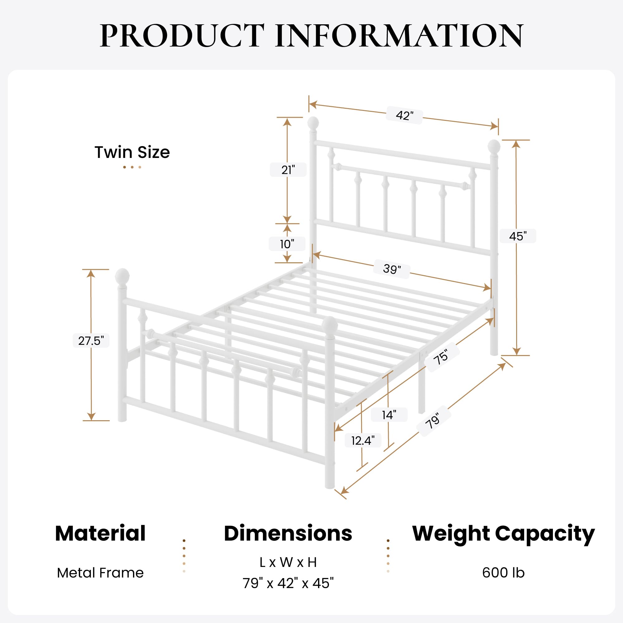 SHA CERLIN 14" Queen Size Metal Platform Bed Frame/Victorian Headboard and Footboard/Steel Slats Mattress Foundation for Storage/No Box Spring Needed/Noise Free/Black: White Twin